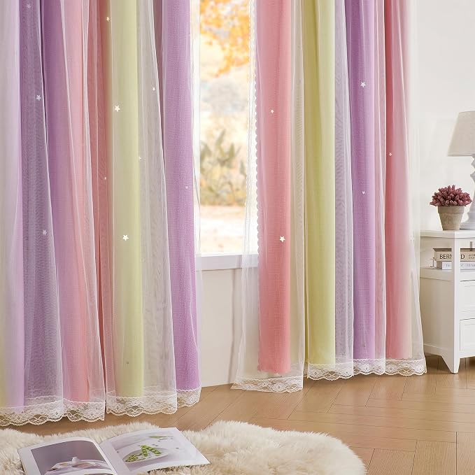XiDi Curtains for Bedroom Decor, Rainbow Pink PurpleYellow34/45/1 - Image 4