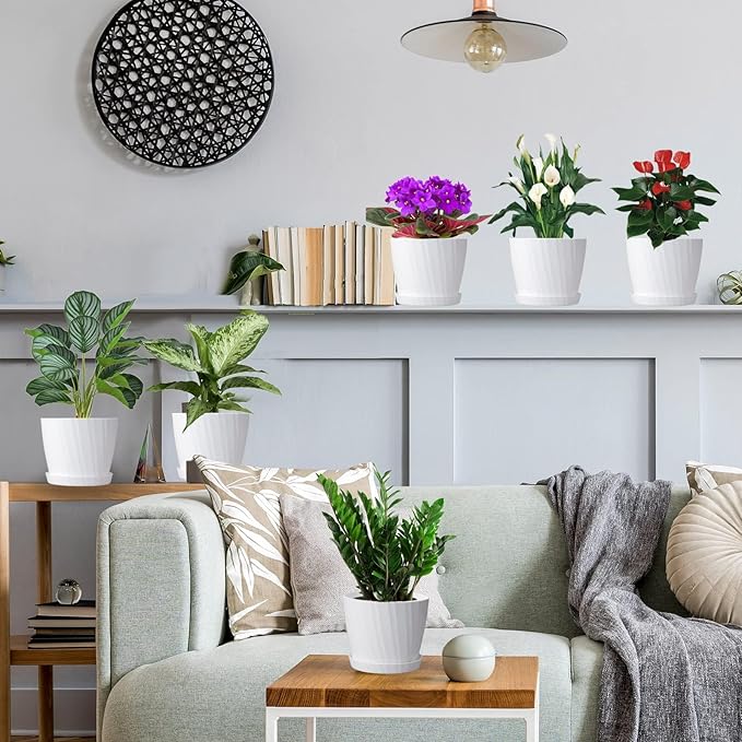 7 Inch Plant Pots Bulk, 6 Pack Plastic Planters with Drainage Holes and Saucers for Indoor Outdoor House Plants and Flowers, White