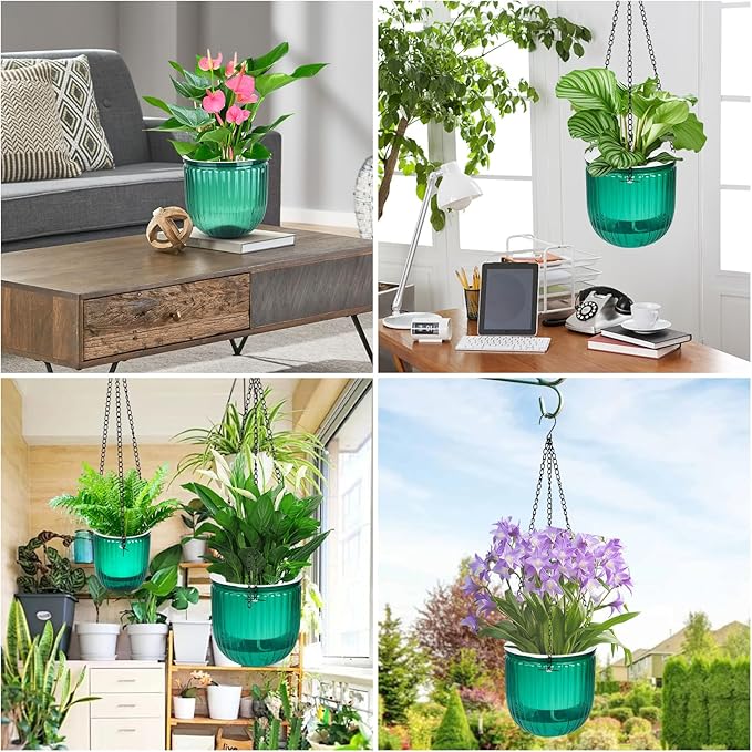 4Pcs Self Watering Hanging Planters, 6.5'' 4.5'' Hanging Flower Pots, Plastic Hanging Plant Basket with Drainage Holes, Visible Hanging Planters for Indoor Plants Garden Home(Emerald)