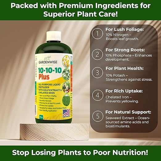10-10-10 Fertilizer for All Purpose Plants - Liquid Fertilizer with Seaweed Kelp&Iron - Plant Food Outdoor & Indoor Plant Food, Vegetables, Flowers, Lawn & Garden 10 10 10 Fertilizer 1x8oz