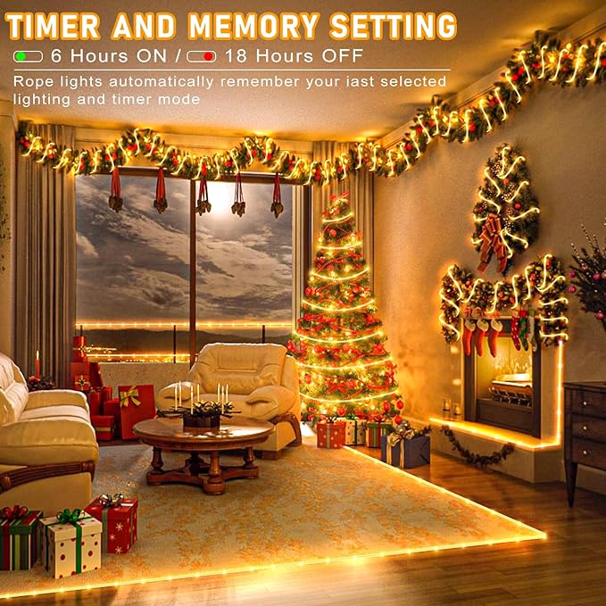 Rope Lights for Outside, 66FT 200 LED Rope Lights Outdoor/Indoor with Waterproof 8 Modes, Connectable Plug in Christmas Tree Light for Bedroom Pool Garden Party Holiday Decorations, Warm White