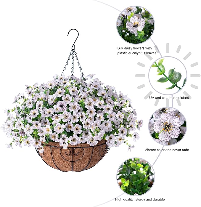 Artificial Fake Hanging White Plants Flowers Basket for Outdoor Fall Winter, Faux Silk Daisy in Planter Realistic UV Resistant for Christmas Outside Porch Home Patio Balcony Yard Decoration