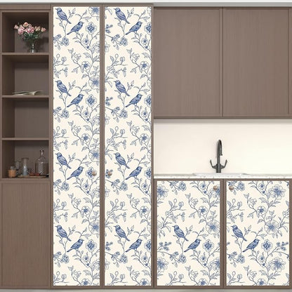 Beige Wallpaper Peel and Stick Blue Floral Bird Vintage Contact Paper 17.5" x - Image 5