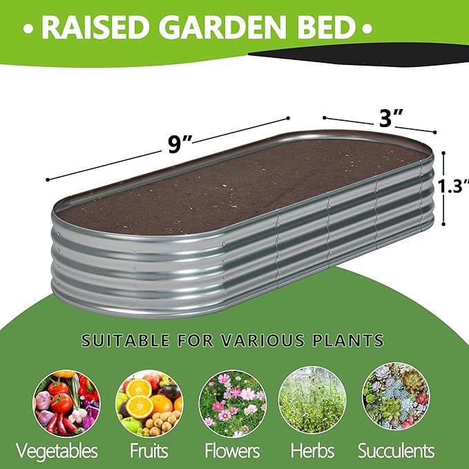 9x3x1.3 Oval Galvanized Raised Garden Bed,Outdoor Planter Box Metal Patio Kit Planting Bed for Vegetables Flowers and Succulents