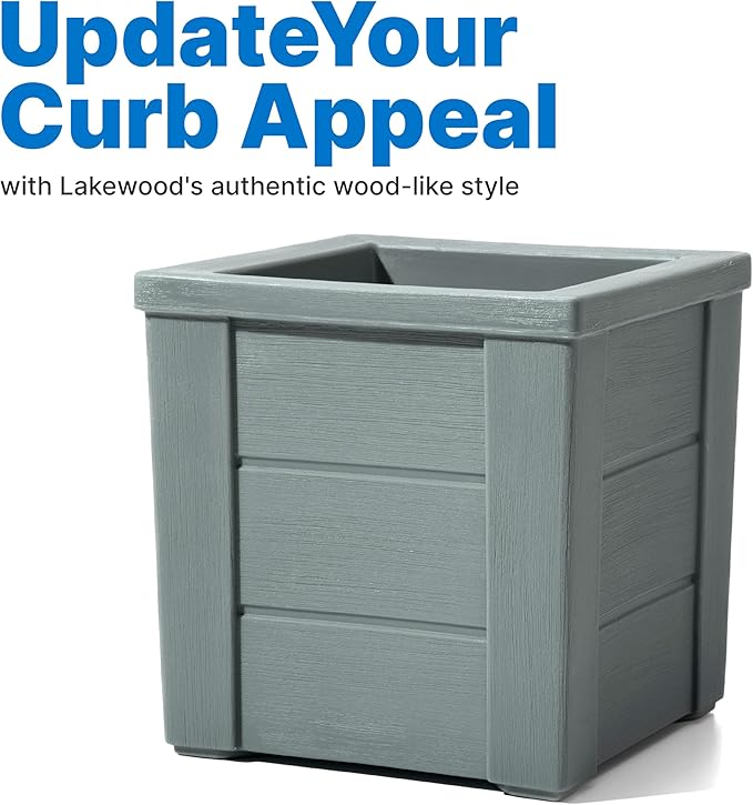 Step2 Lakewood Square Planter, Large Planters for Outdoor Plants, Gardening and Flower Pot for Patio or Porch, Efficient Drainage, Durable Plastic, Sage Gray, 2-Pack