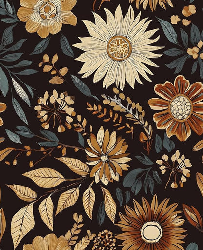 Extra Long Vintage Wallpaper Peel and Stick, 17.5" x 393" Boho Dark Floral by VOLEAARWALLPAPER
