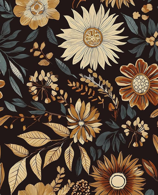 Extra Long Vintage Wallpaper Peel and Stick, 17.5" x 393" Boho Dark Floral by VOLEAARWALLPAPER