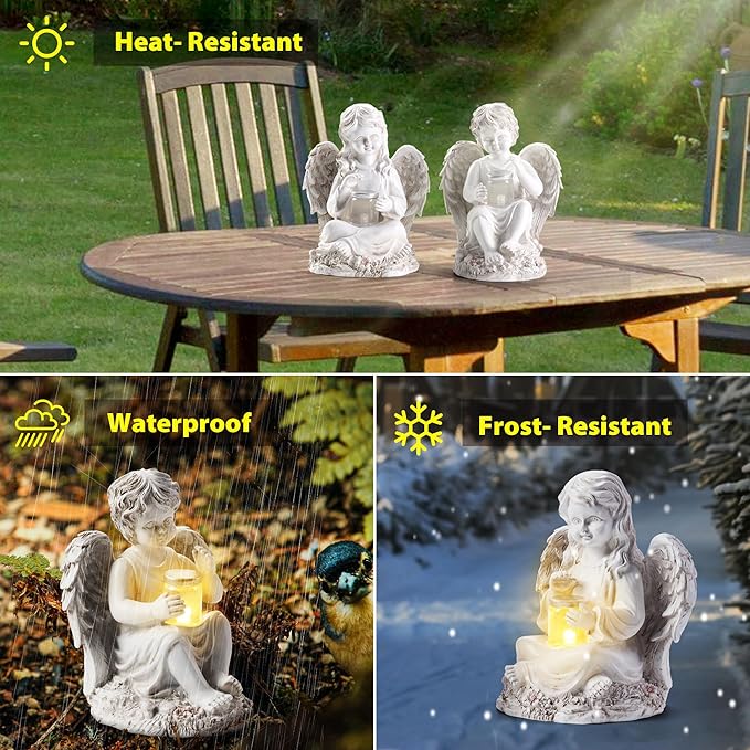 2 Pack Outdoor Angel Statue Garden Decor, Classic Solar Angel Figurine Decoration for Yard Art Indoor Porch Home Lawn Outside Light up Cherub Sculpture Guardian Wings Angel Memorial Gifts