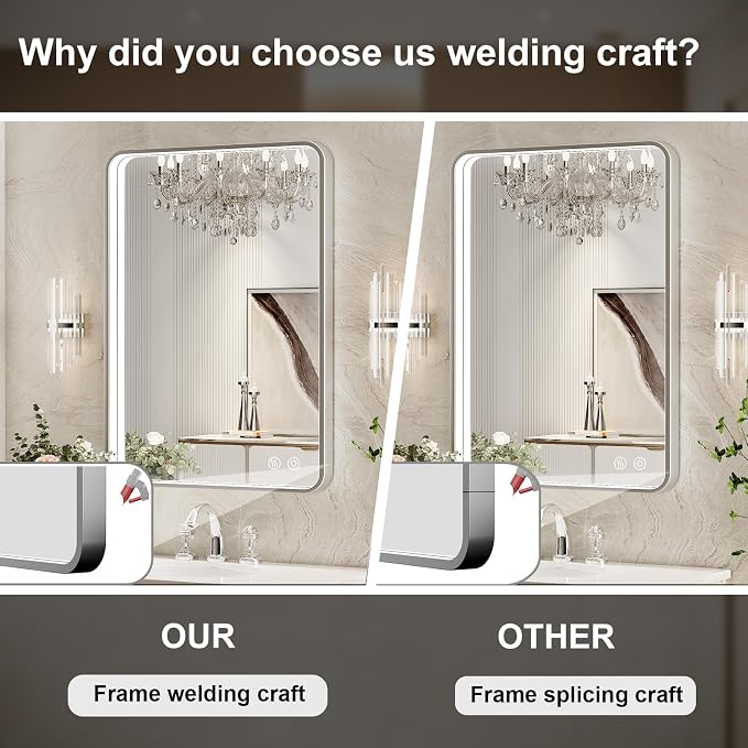 LED Bathroom Mirror with Lights, 20x28 Inch Brushed Silver Framed Lighted - Image 6