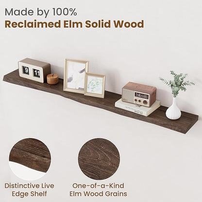 FLYJOE Floating Shelves for Wall Decor, Rustic Solid Elm Wood Live Edge - Image 3