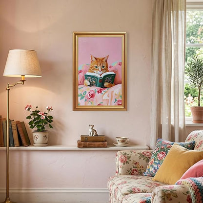 Fantasy Artists Gold Framed Wall Art Prints, Cute Orange Cat Reading a Green - Image 2