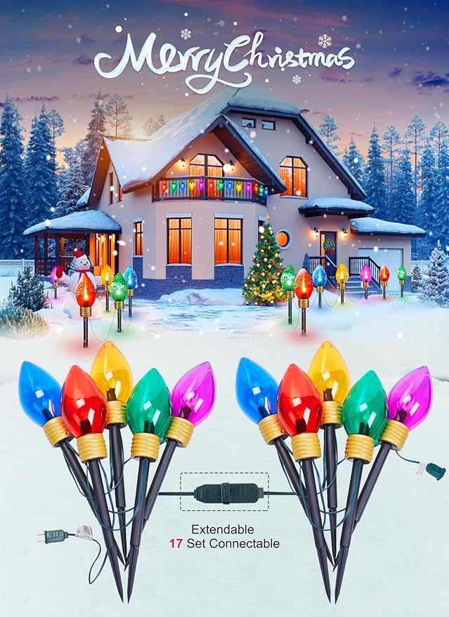Jumbo C9 Christmas Pathway Lights Outdoor - 8.5 Feet 5 LED C9 Walkway Lights, C7 Covered Multicolor Bulb for Holiday Decorations, Outside Lawn, Yard, Garden