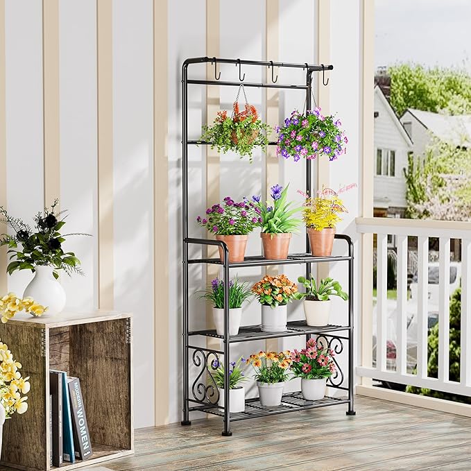 Plant Stand Indoor Outdoor Heavy Duty Metal - 56.4" Tall 3-Tier Shelf for Multiple Plants, Flowers, Rustproof Black Storage Rack for Patio, Balcony, Living Room, Garden, Includes Hooks&Adjustable Feet