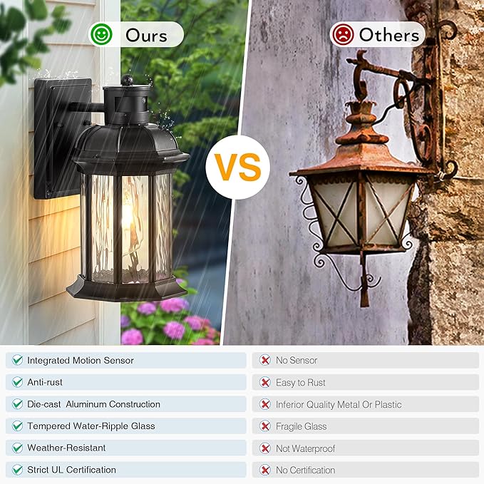 VIANIS Motion Sensor Outdoor Wall Lights, 2-Pack Black Outdoor Light Fixture, Exterior Lights for House, Front Porch Light Lantern Wall Mount Sconce Lighting, Dusk to Dawn Outside Lights for Patio