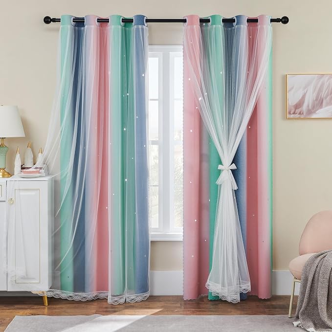 XiDi Pink Grey Curtains for Girls Bedroom, Unicorn Wall Decals Green Curtain by Addsomecolortolife