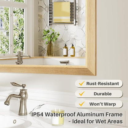 55x30 Inch Bathroom Mirror for Wall, Anti-Rust Oak Wood Grain Metal Framed - Image 4