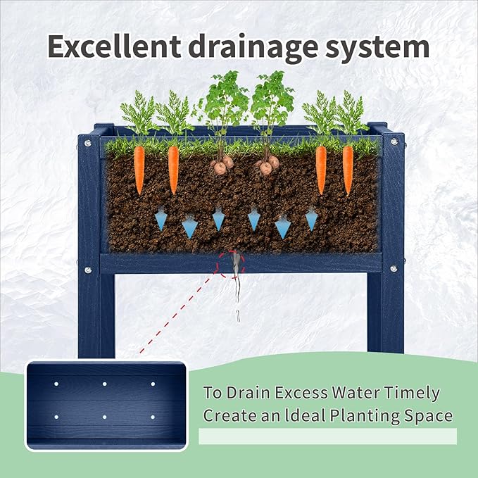 Raised Garden Bed with Drainage Hole Waterproof HDPE Elevated Planter Box with Legs Stable and Durable to Plant Herb Vegetable Flower,Patio,Balcony Outdoors/Indoors Navy