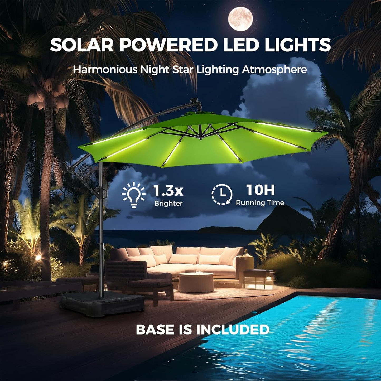 HOMSHADE 10ft Solar Lights Offset Cantilever Patio Umbrella - with Light and Base, LED Lighted Offset Hanging Patio Outdoor Market Umbrella UPF50+ UV Protection with Easy Tilt and Crank (Green)