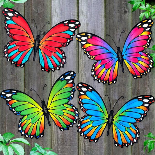 Oraytteo 4 Pack Metal Butterfly Wall Decor, Butterflies Wall Art Hanging Sculptures for Outdoor, Fence Patio Yard Tree Garden Home Decorations, Housewarming Gift