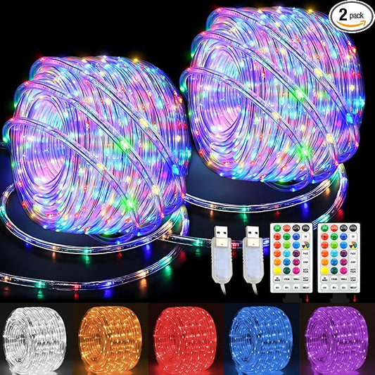 LED Rope Lights Indoor with USB Powered, 66Ft (33Ft X 2 Pack) 200 LED String Lights Outdoor with Remote,16 Color Changing Rope Lights for Outside Garden Party Wedding Christmas