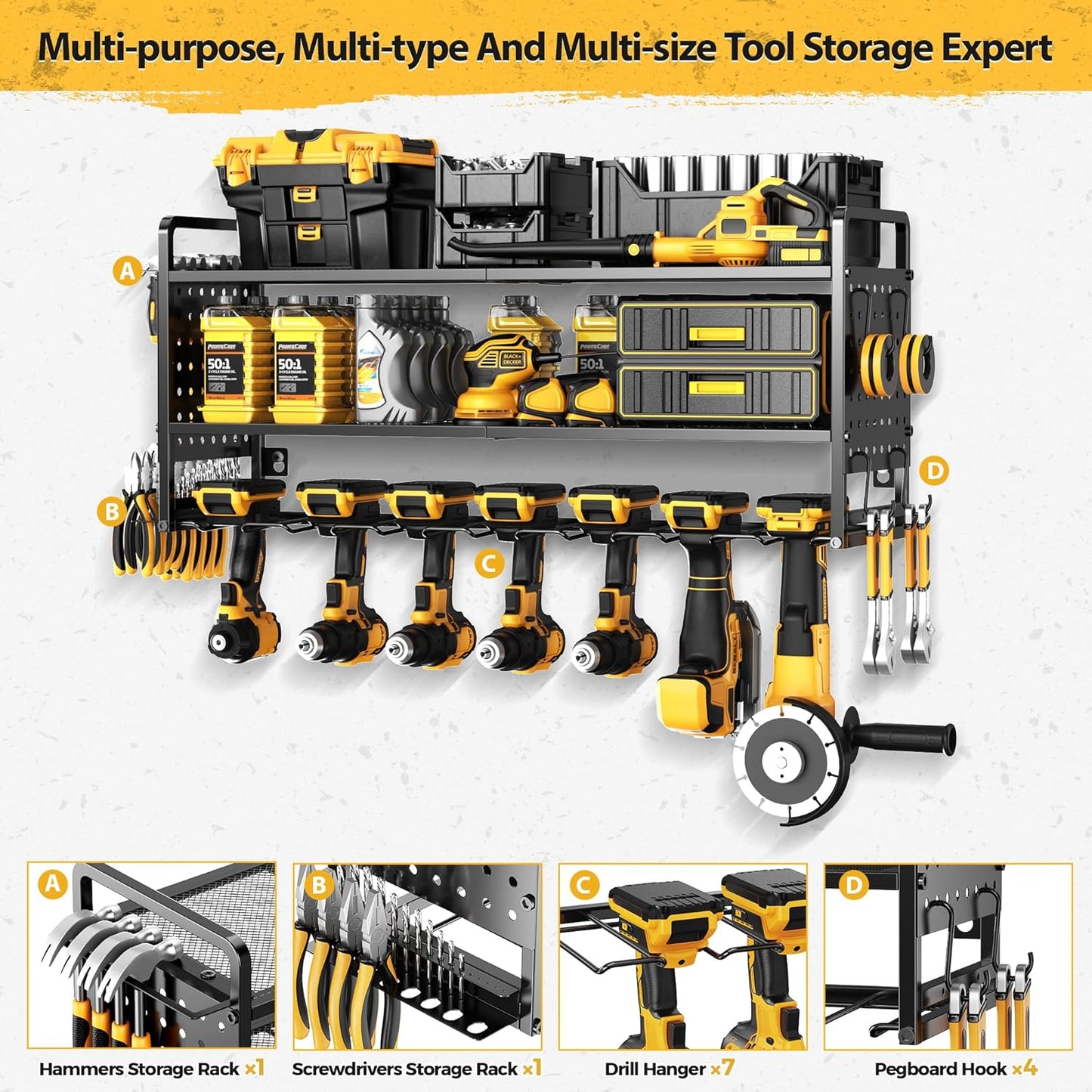 LBT Large Power Tool Organizer Wall Mount with Pegboard, Heightening Garage Power Tool Storage with 7 Cordless Drill Holder, Heavy Duty Metal Tool Shelf Battery Storage, Gifts For Men Father Husband