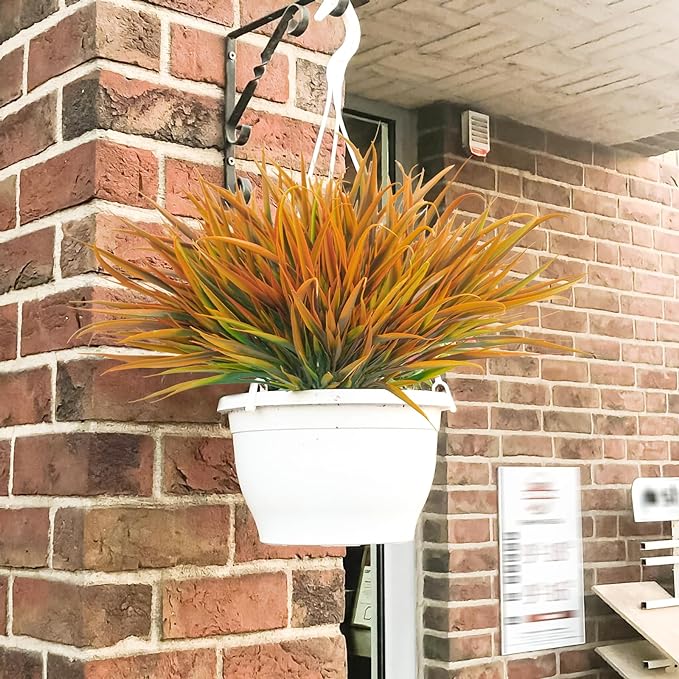 Uieke 12 Bundles Artificial Outdoor Plants UV Resistant Fake Grass Plants Faux Plastic Plants Greenery Shrubs for Home Garden Pathway Window Box Front Porch Cemetery Fall Decor, Autumn Orange