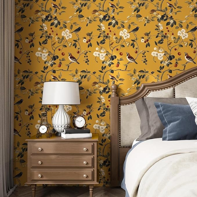 Laatse Vintage Bird Wallpaper 17.5"x393" Yellow Chinoiserie Floral Wallpaper - Image 6