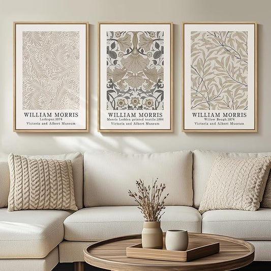 Framed Large William Morris Canvas Wall Art Set of 3, Vintage Neutral Botanical by Cuspin
