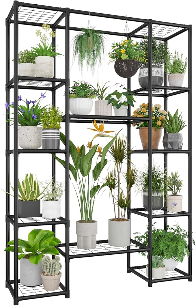 Plant Stand Outdoor Tall Plant Shelf Indoor Metal Large Hanging Plant Cabinet Waterproof Plant Rack Flower Holder for Living Room Patio Balcony Garden Black