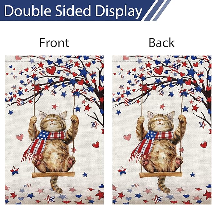 Heyfibro 4th Of July Patriotic Cute Cat Garden Flag 12x18 Double Sided Burlap, Heart Star Tree Pattern USA Flags Retro Yard Banner for Rustic Independence Day Outdoor Decor (ONLY FLAG)