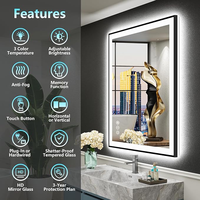 36x36 Black Framed LED Bathroom Mirror - Image 2