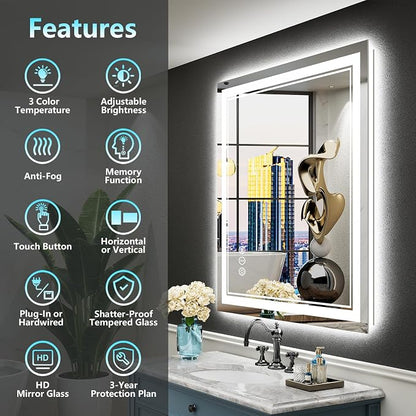 24x32 LED Bathroom Mirror with Lights, Backlit and Front Lit Anti-Fog Lighted - Image 2