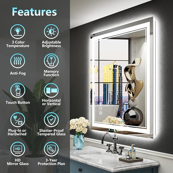 24x30 LED Bathroom Mirror with Lights, Backlit and Front Lit Anti-Fog Lighted - Image 2