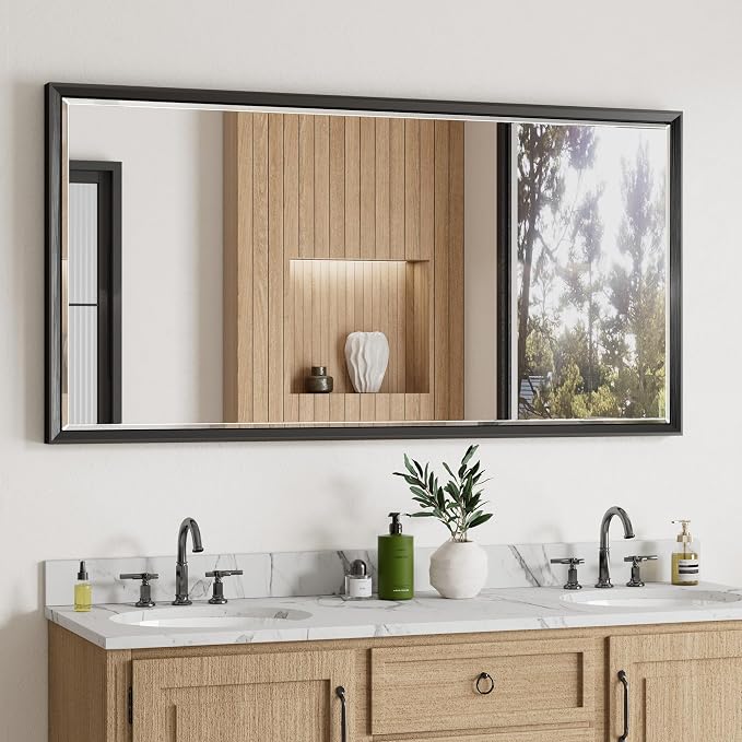 48 x 24 Black Framed Mirror for Bathroom, Beveled Black Bathroom Vanity Mirror by QUEENFUN