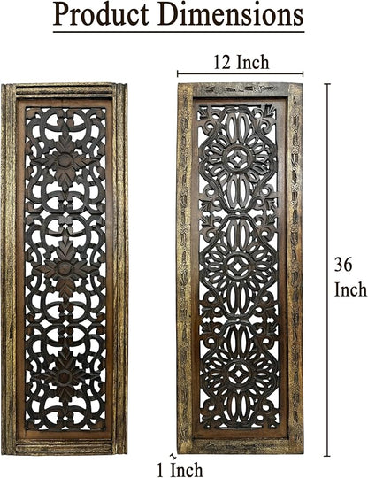 Floral Hand Carved Wooden Wall Panels Set of 2, Rustic Brown Decorative Wall Art - Image 10