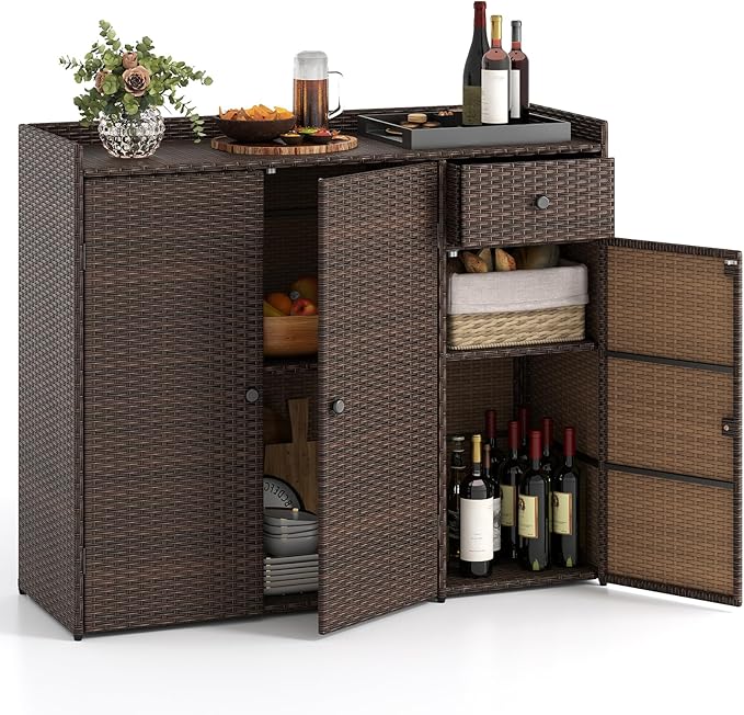 Tangkula Rattan Outdoor Storage Cabinet, Patiojoy Outdoor Cabinet with 4 Adjustable Shelves, 1 Drawer, 3 Doors, Patio Storage Deck Box Table for Patio Garden Poolside (Mix Brown)