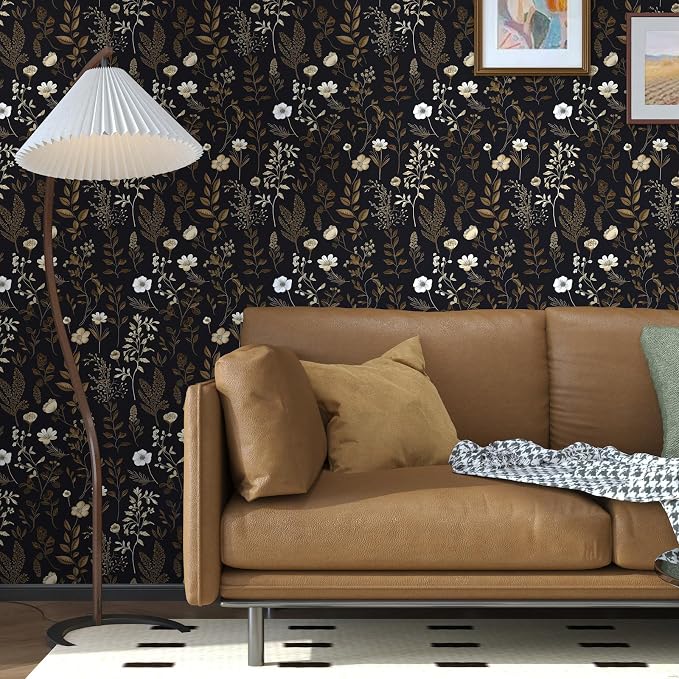Extra Long Moody Floral Wallpaper Peel and Stick, 17.5In x 393In Black Dark - Image 4