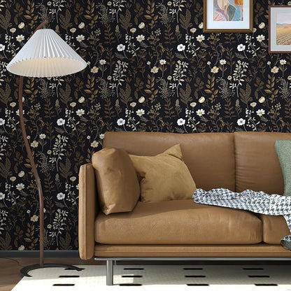 Extra Long Moody Floral Wallpaper Peel and Stick, 17.5In x 393In Black Dark - Image 4