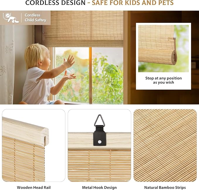 LazBlinds Cordless Bamboo Roll Up Shades - Image 2