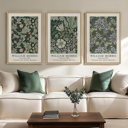 Large Framed William Morris Green Wall Art, 3 Piece Vintage Floral Canvas Prints by Cuspin