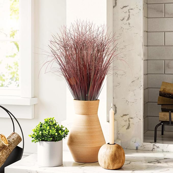 48Pcs Artificial Grass Plants, Faux Shrubs Wheat Grass, Artificial Tall Grasses Fake Plants for Outdoor Decor,Artificial Greenery Stems Weed for Room Indoor Home Decor（Red）