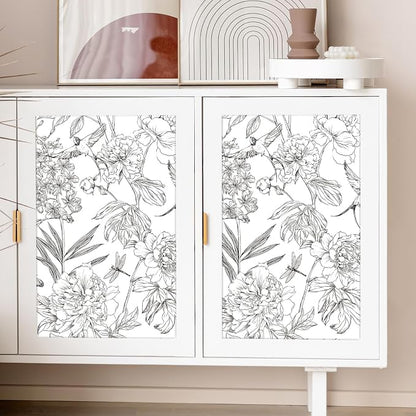 Jiffdiff White and Black Wallpaper Peel and Stick Sketched Peony Floral - Image 3