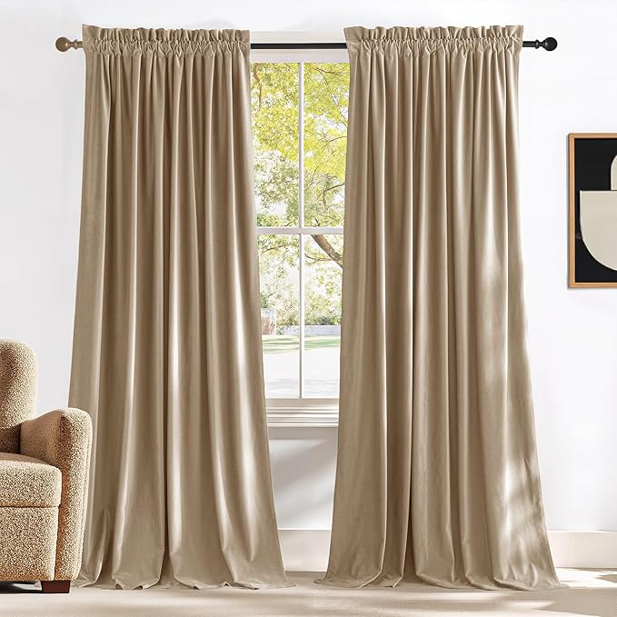 NICETOWN Beige Velvet Curtains 84 inches 2 Panels Set, Thermal Insulated Heavy by NICETOWN