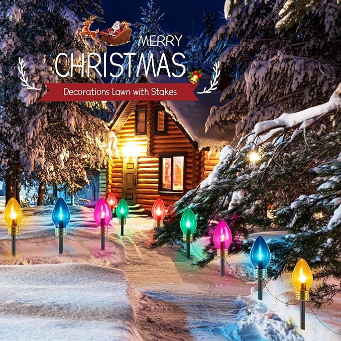 Christmas Lights Jumbo C9 Outdoor Lawn Decorations with Pathway Marker Stakes, 8.5ft C7 Lights Covered Jumbo Glitter Multicolor Bulb for Holiday Outside Yard Garden Decor, 5 Lights