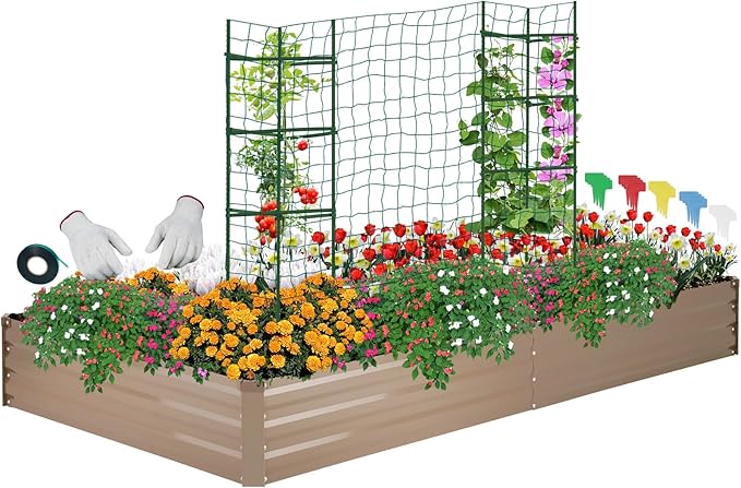ONCEMORE Galvanized Raised Garden Bed for Vegetables Flowers Herbs, Metal Raised Garden Bed Kit with 2 PCS Tomato Cage, Gloves, Trellis Netting, Plant Labels, Plant Ties, Brown 6×3×1FT