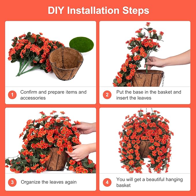 Hanging Baskets Artificial Flowers for Outdoor Interior Decor, Artificial Daisies Flowers Shrubs Plants with Baskets for Home Porch Garden Patio Patio Spring Summer Decor(Orange)