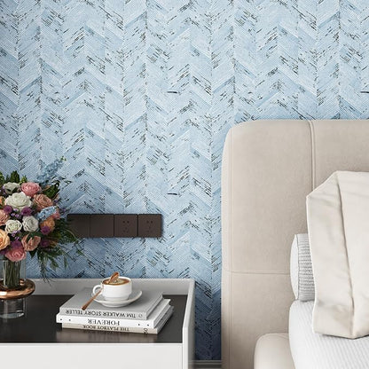 Livelynine Blue Fabric Wallpaper Peel and Stick Prepasted Herringbone Faux - Image 5