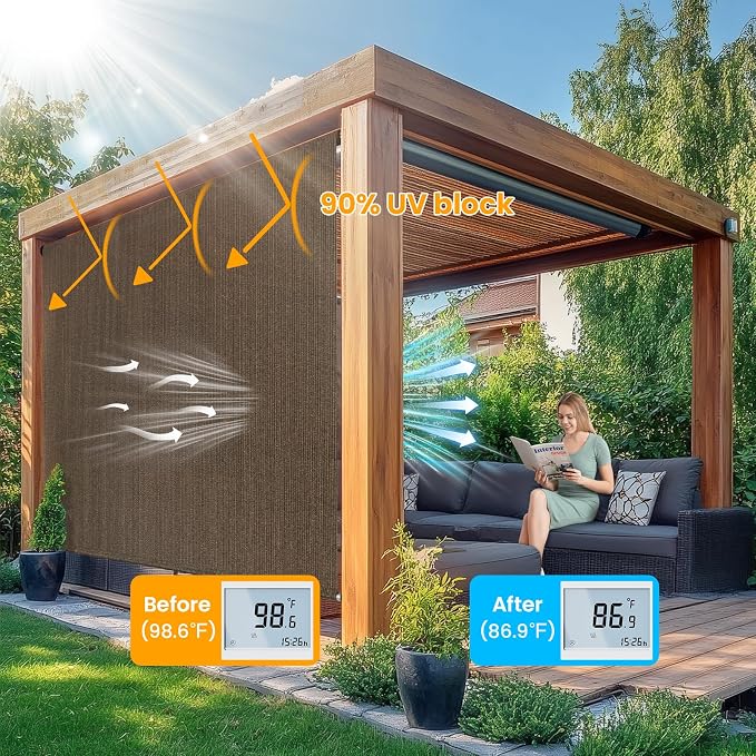 8'W x 8'H Mocha Patio Shades Roll up Outdoor Roller Shade Crank Wand Blind - Image 2