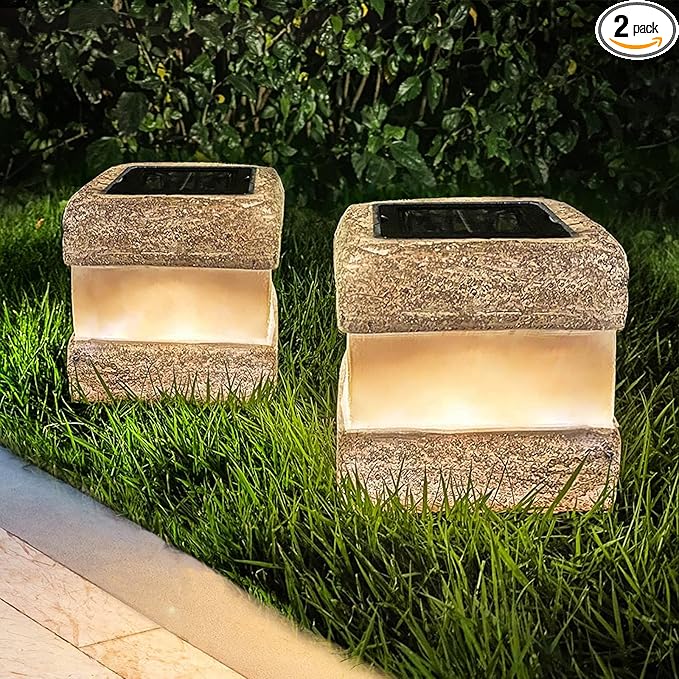 2 Pack Solar Rock Lights Outdoor - Solar Powered Landscape Ground Fake Rocks Light Waterproof with Warm LED Lights for Table Patio Yard Garden Pathway Walkway Decor(Grey)