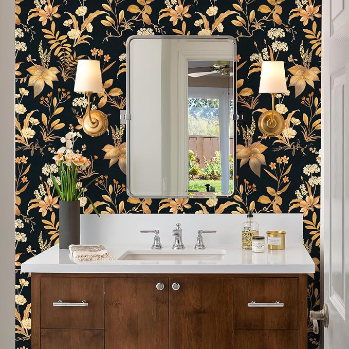 Simon&Siff Vintage Wallpaper Peel and Stick Black Gold Floral Wallpaper - Image 5